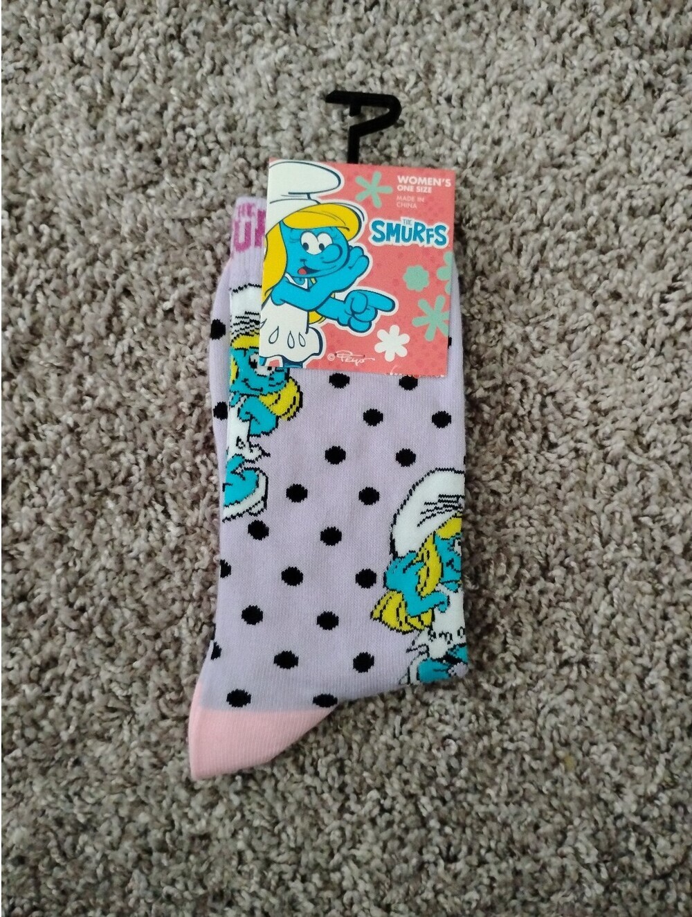 The Smurfs Smurfette Crew Socks Women's One Size Lilac Purple Polka Dot NWT